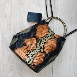 gold handle bag with snake skin print