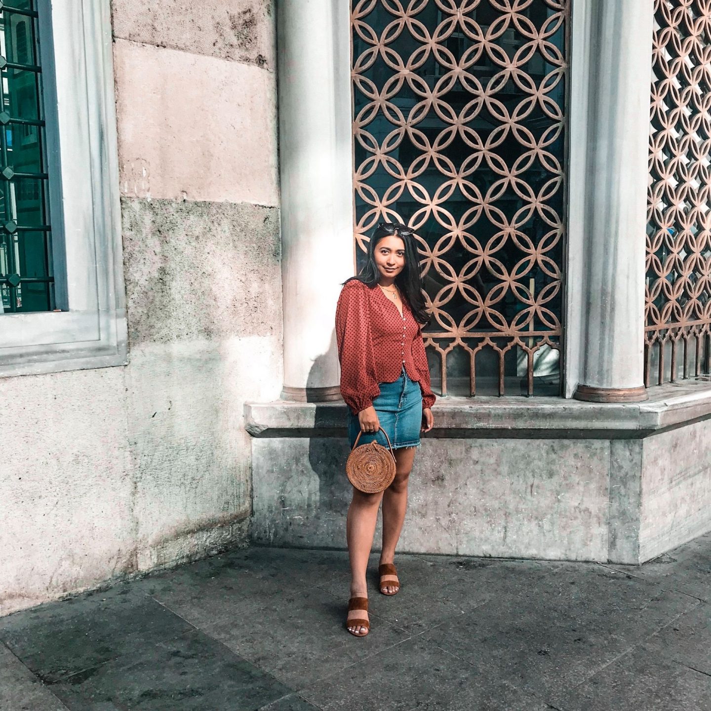 outfit 8- zara red polka dot shirt with blue denim skirt and vince camuto brown sandals. paired with amerii rattan bag
