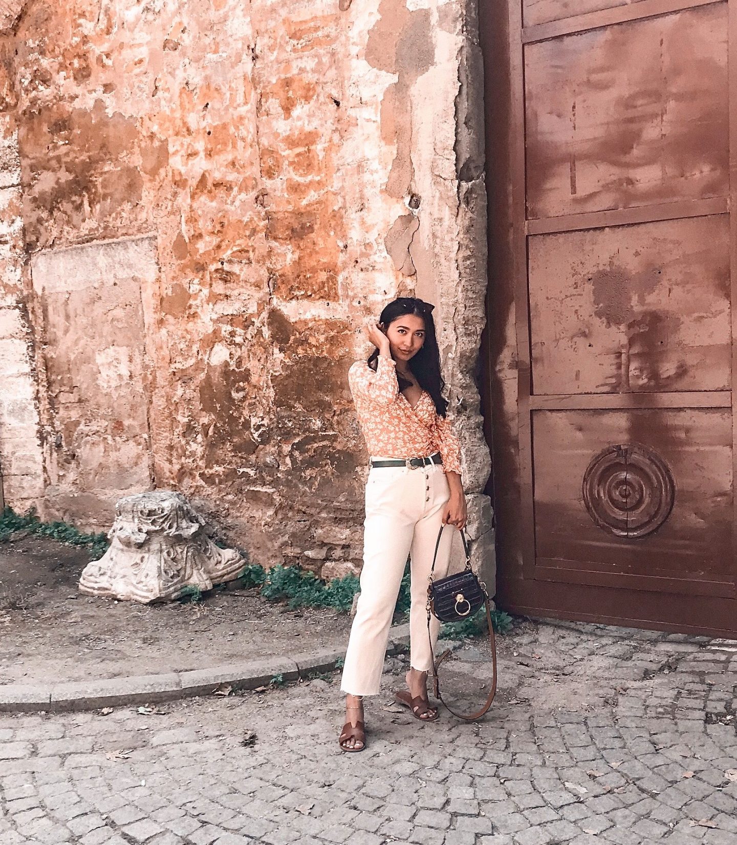 outfit 3- bershka floral top, green belt, chloe bag and zara denim