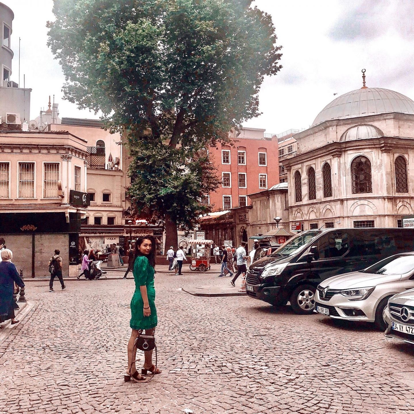 outfit 6- revolve green jacquard dress and vince camuto sandals with chloe bag