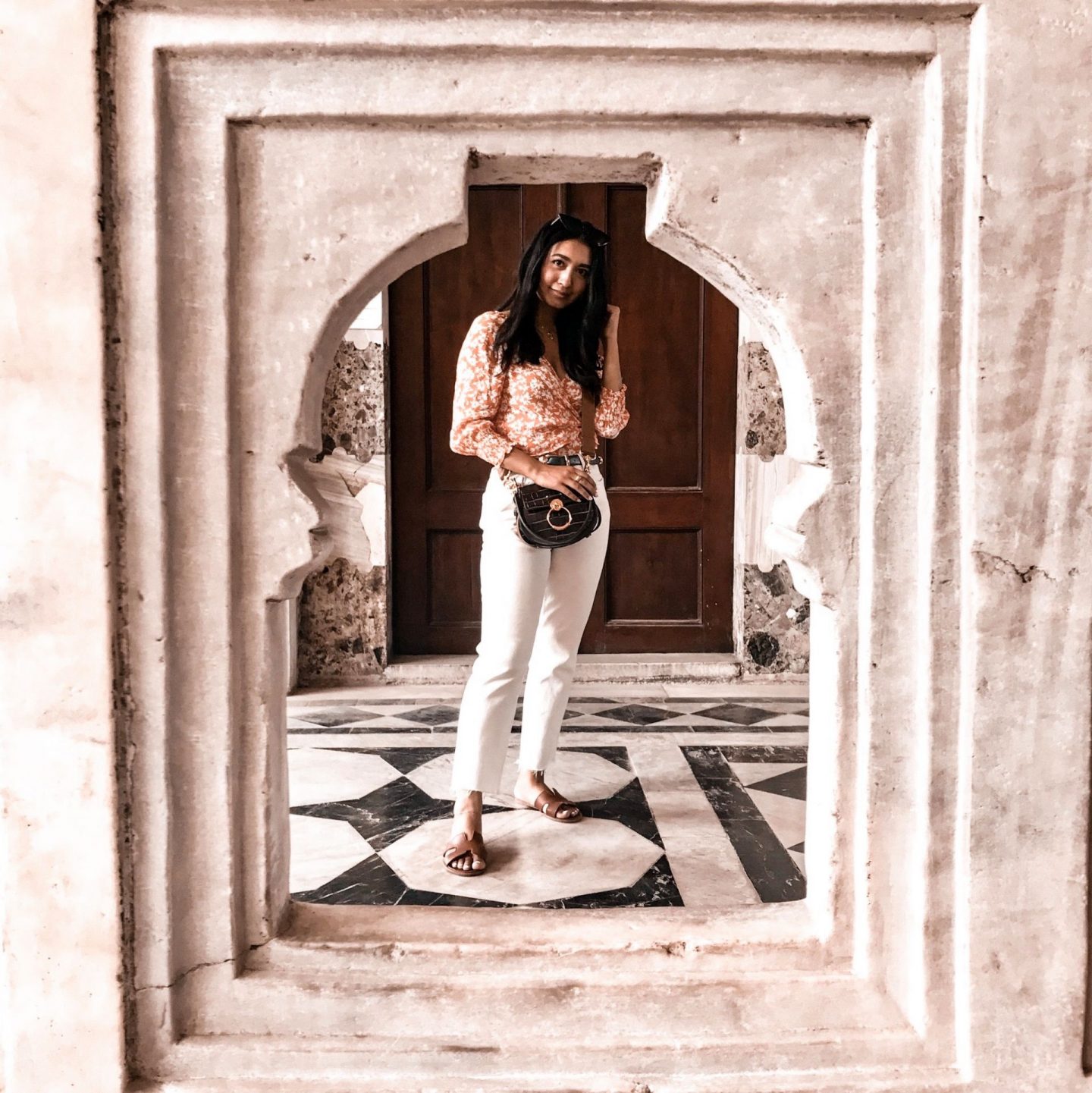 outfit 3- bershka floral top, green belt, chloe bag and zara denim