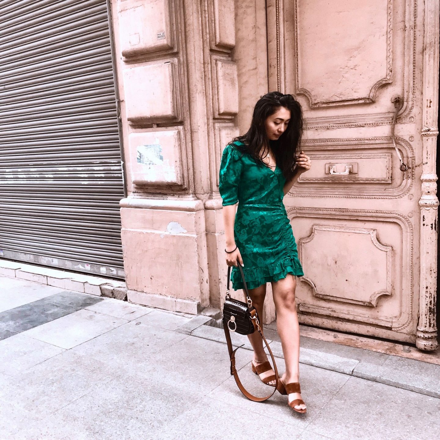 outfit 6- revolve green jacquard dress and vince camuto sandals with chloe bag