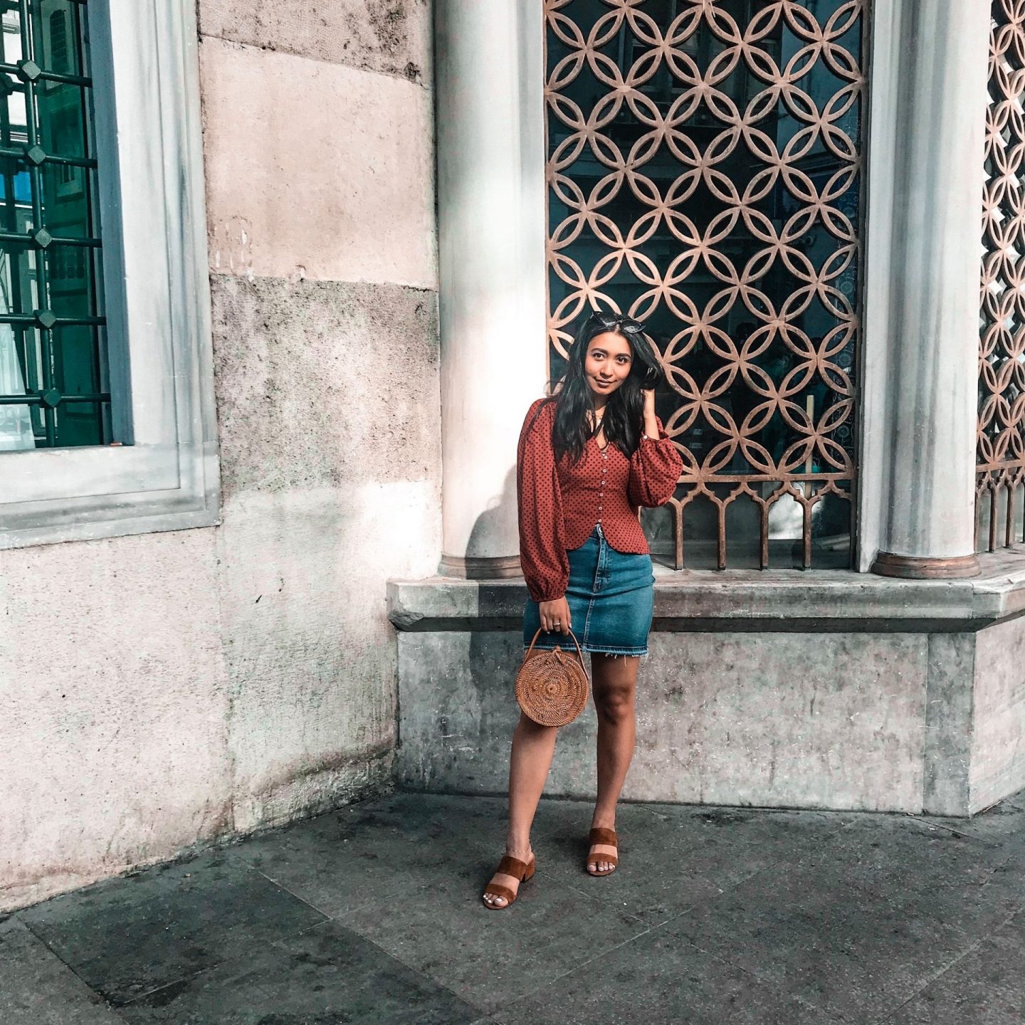 outfit 8- zara red polka dot shirt with blue denim skirt and vince camuto brown sandals. paired with amerii rattan bag