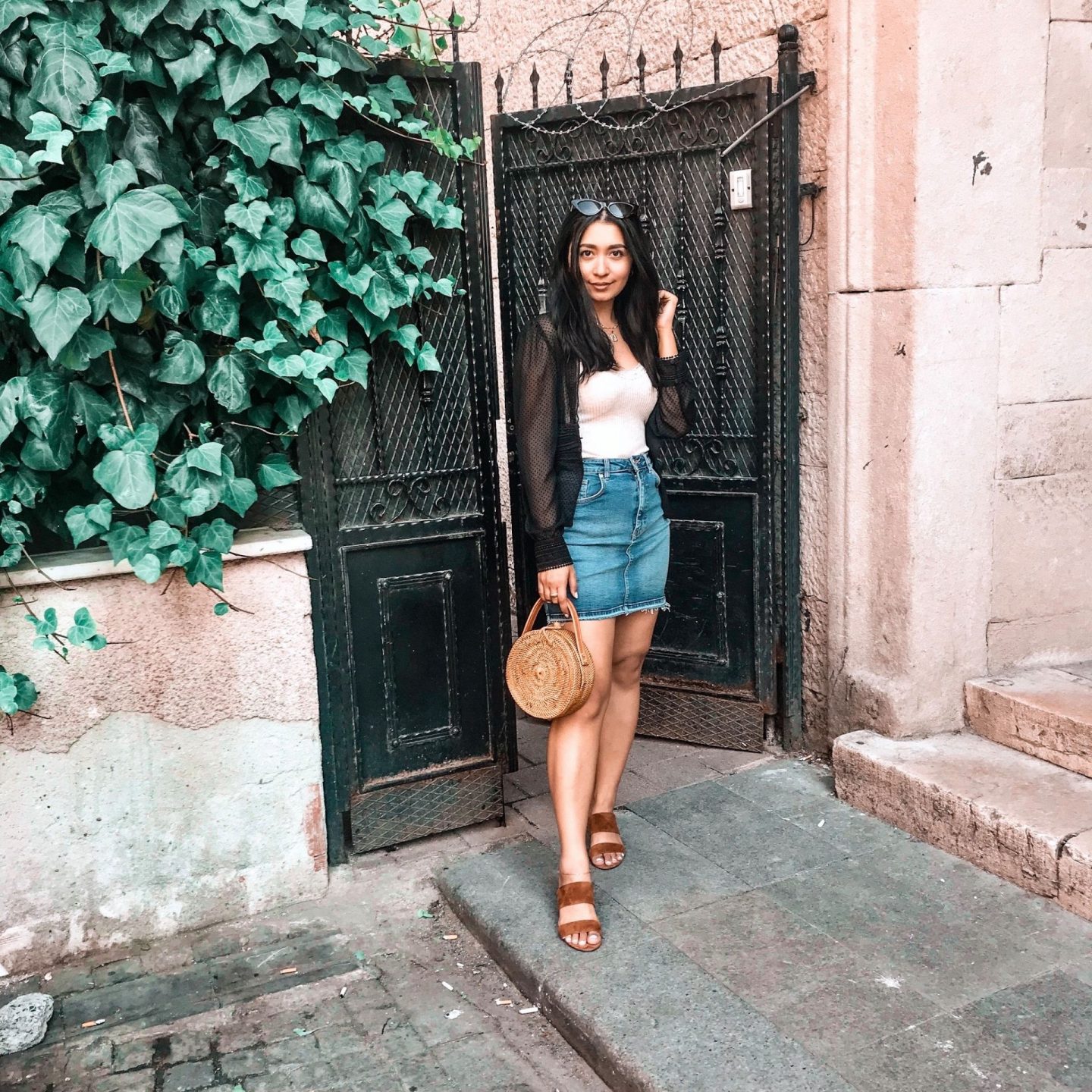 outfit 4- white knit shirt with black sheer cardi. zara denim skirt with vince camuto sandals