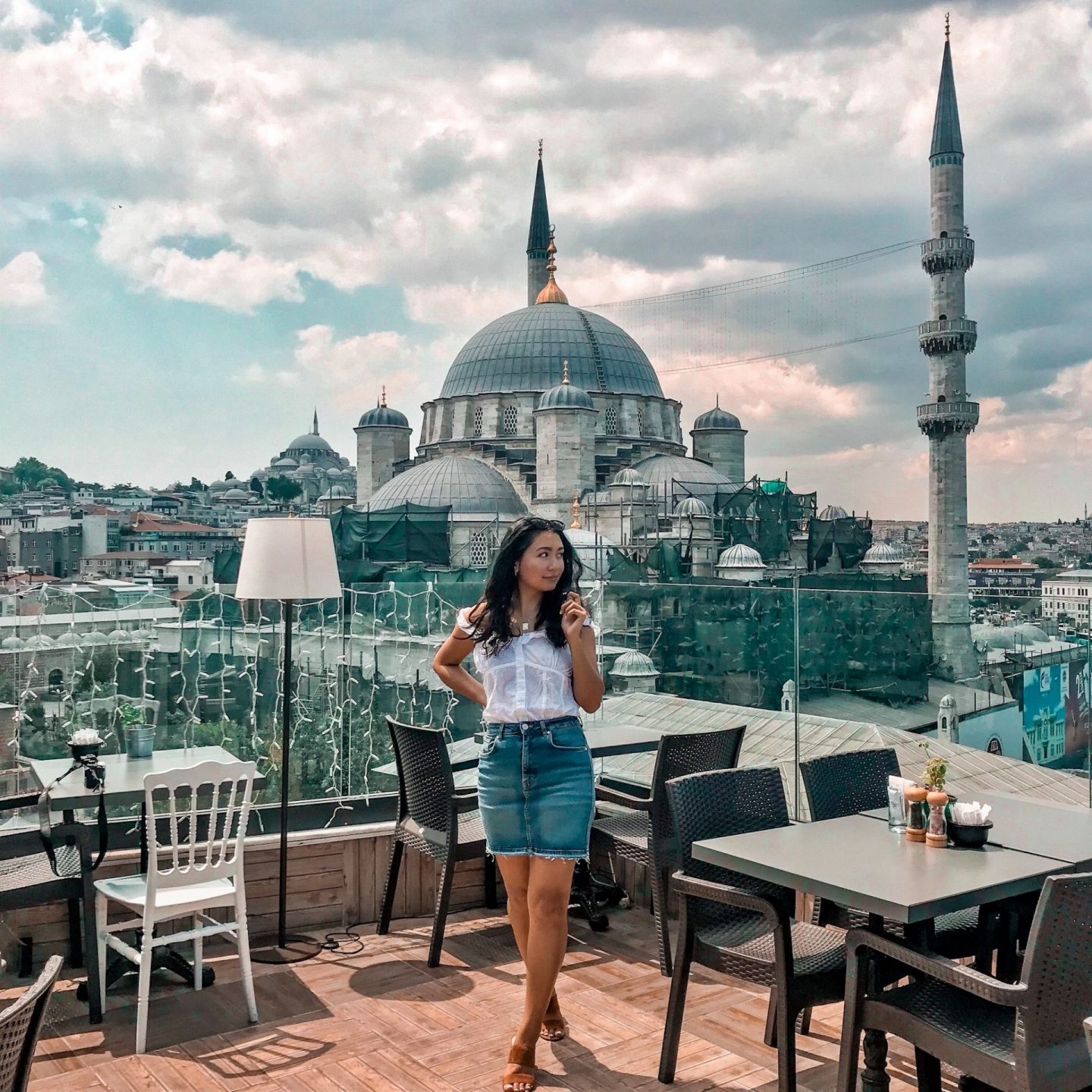 thrifted white flounce tank with zara denim skirt and vince camuto sandals