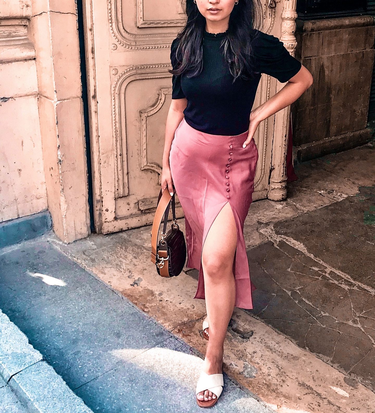 outfit 5- black shirt with puff sleeves, chloe bag, pink zara midi silky skirt with white sandals