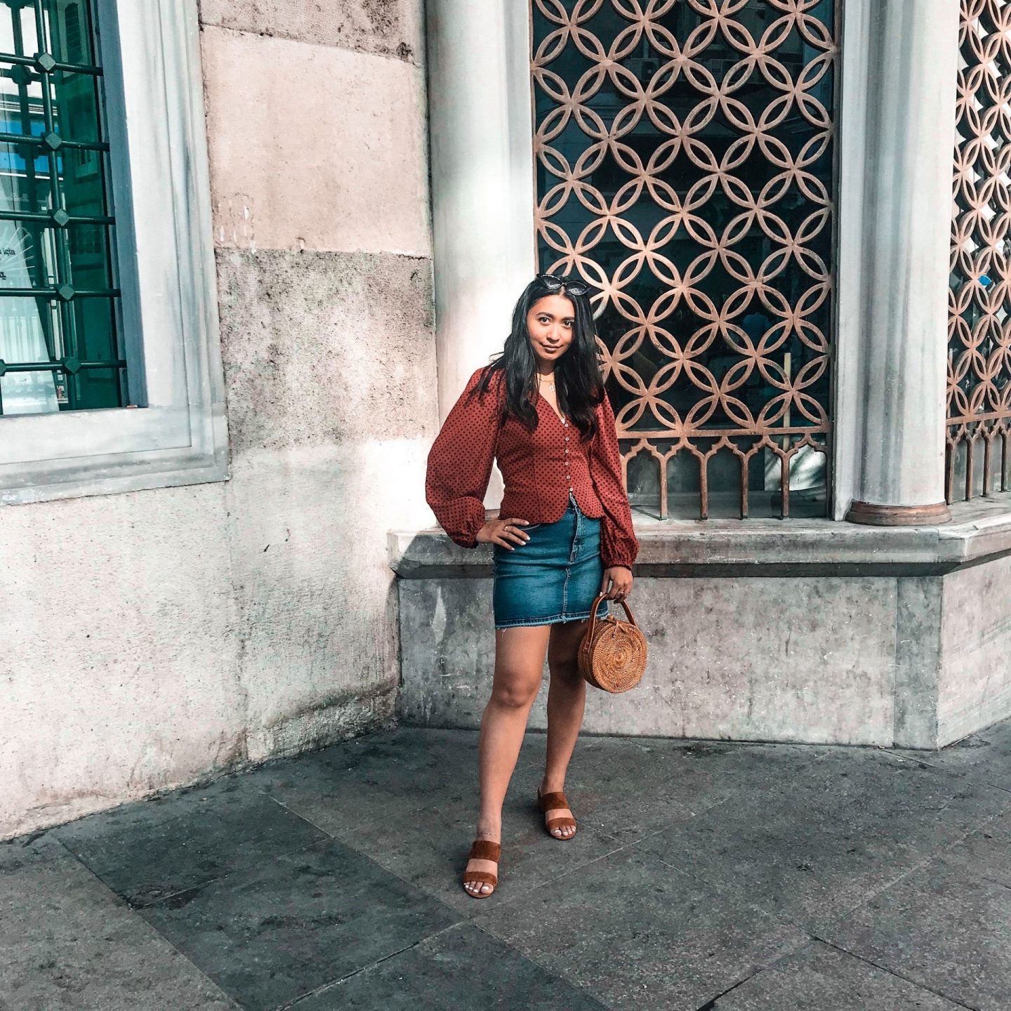 outfit 8- zara red polka dot shirt with blue denim skirt and vince camuto brown sandals. paired with amerii rattan bag