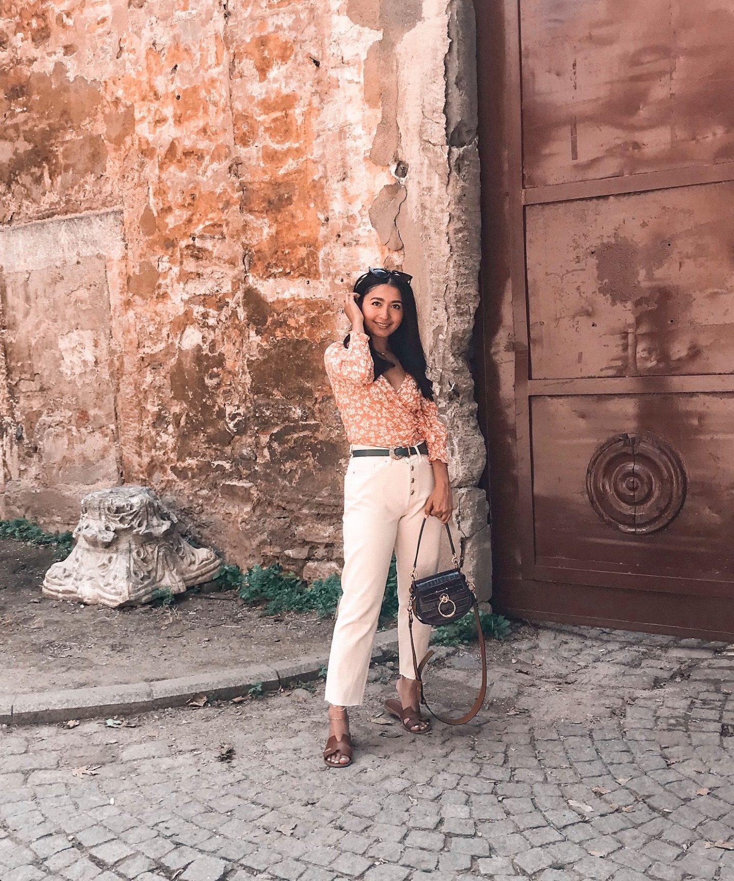 outfit 3- bershka floral top, green belt, chloe bag and zara denim