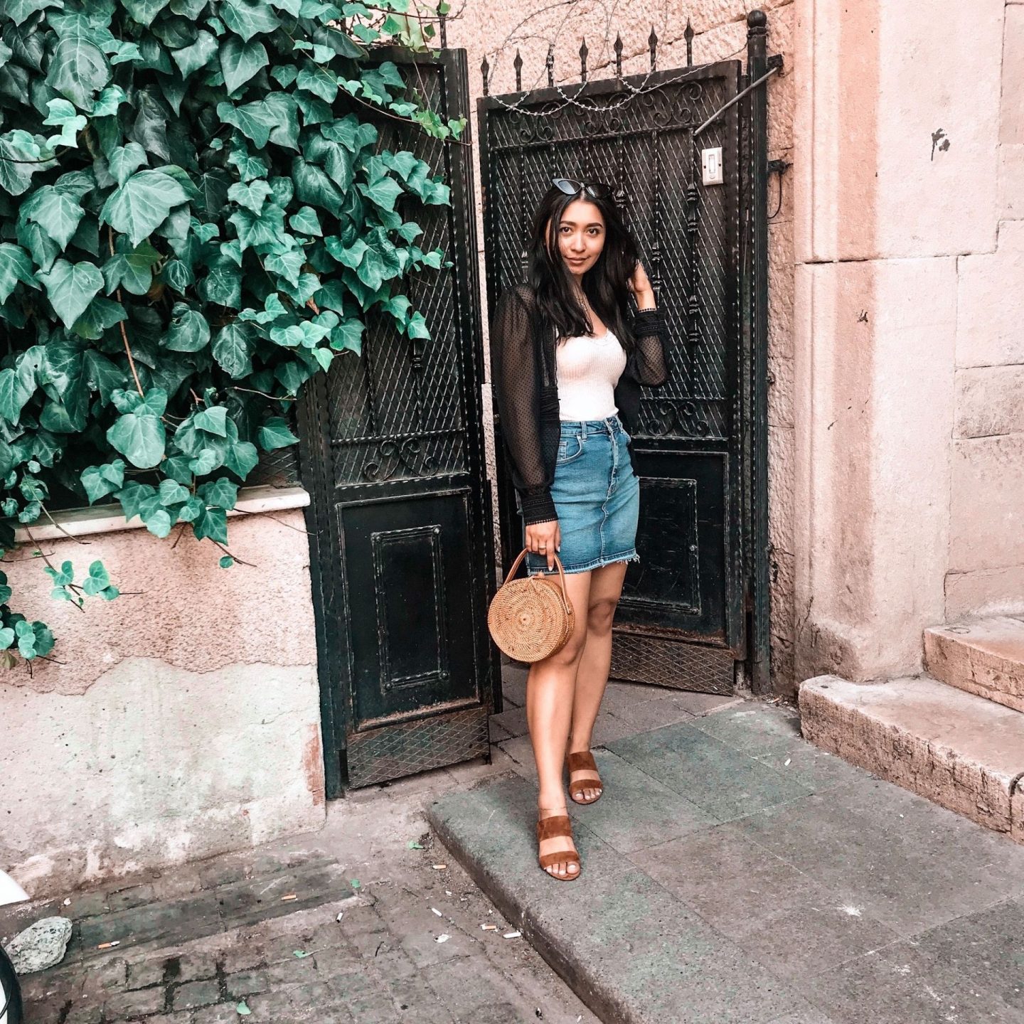 outfit 4- white knit shirt with black sheer cardi. zara denim skirt with vince camuto sandals