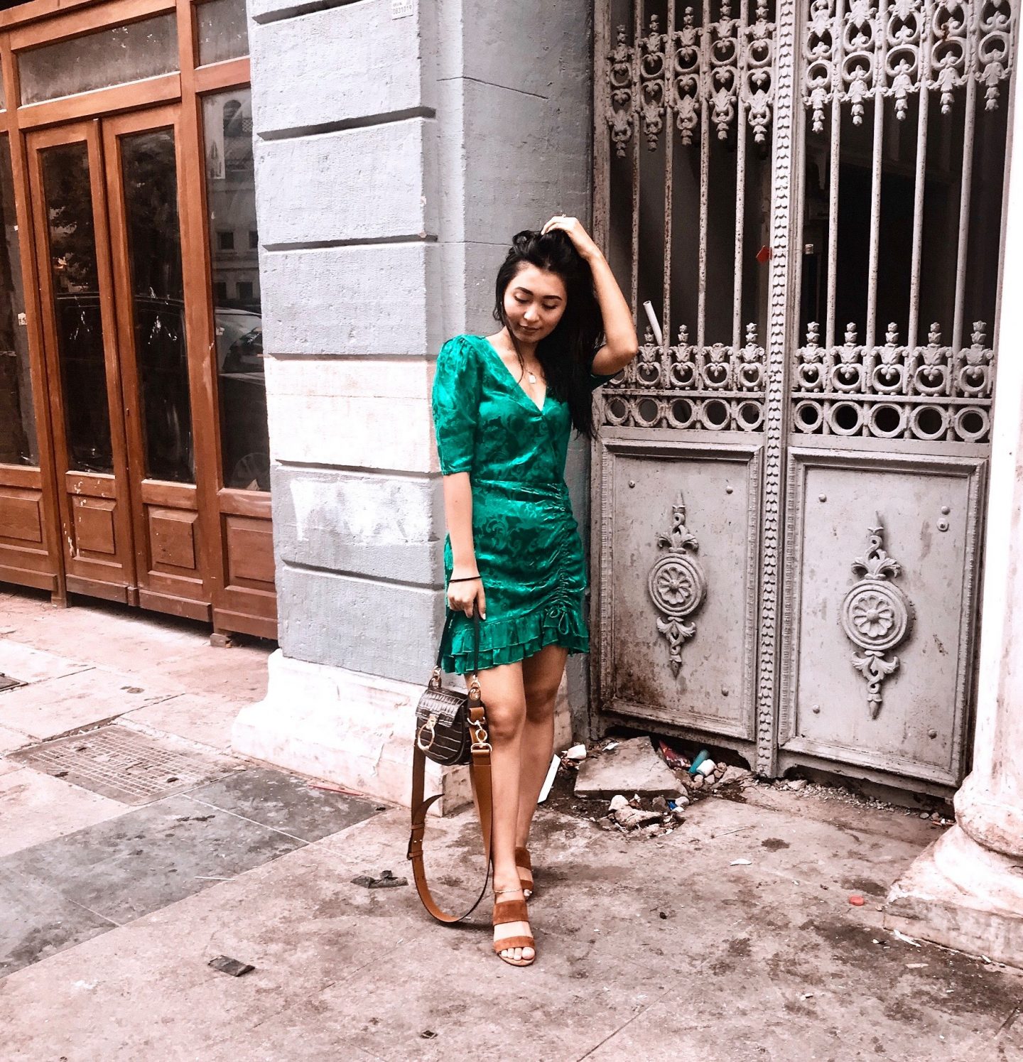 outfit 6- revolve green jacquard dress and vince camuto sandals with chloe bag